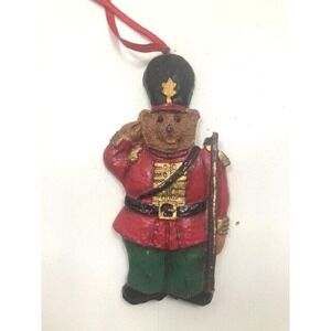 Vtg Queens Guard British Soldier Teddy Bear Ceramic 4.75 inch Christmas Ornament